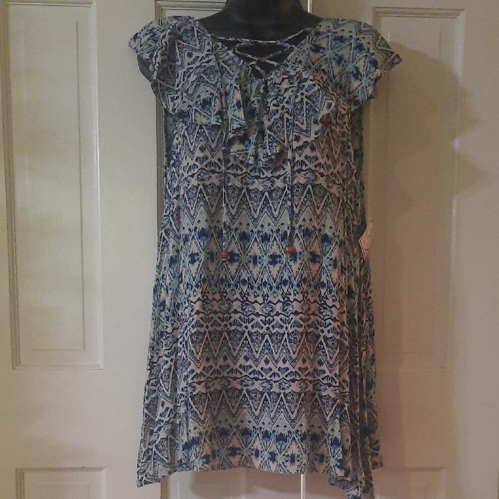 Ruffled Sleeveless Top Blue Indigo Pattern - Womens: Size Smal
